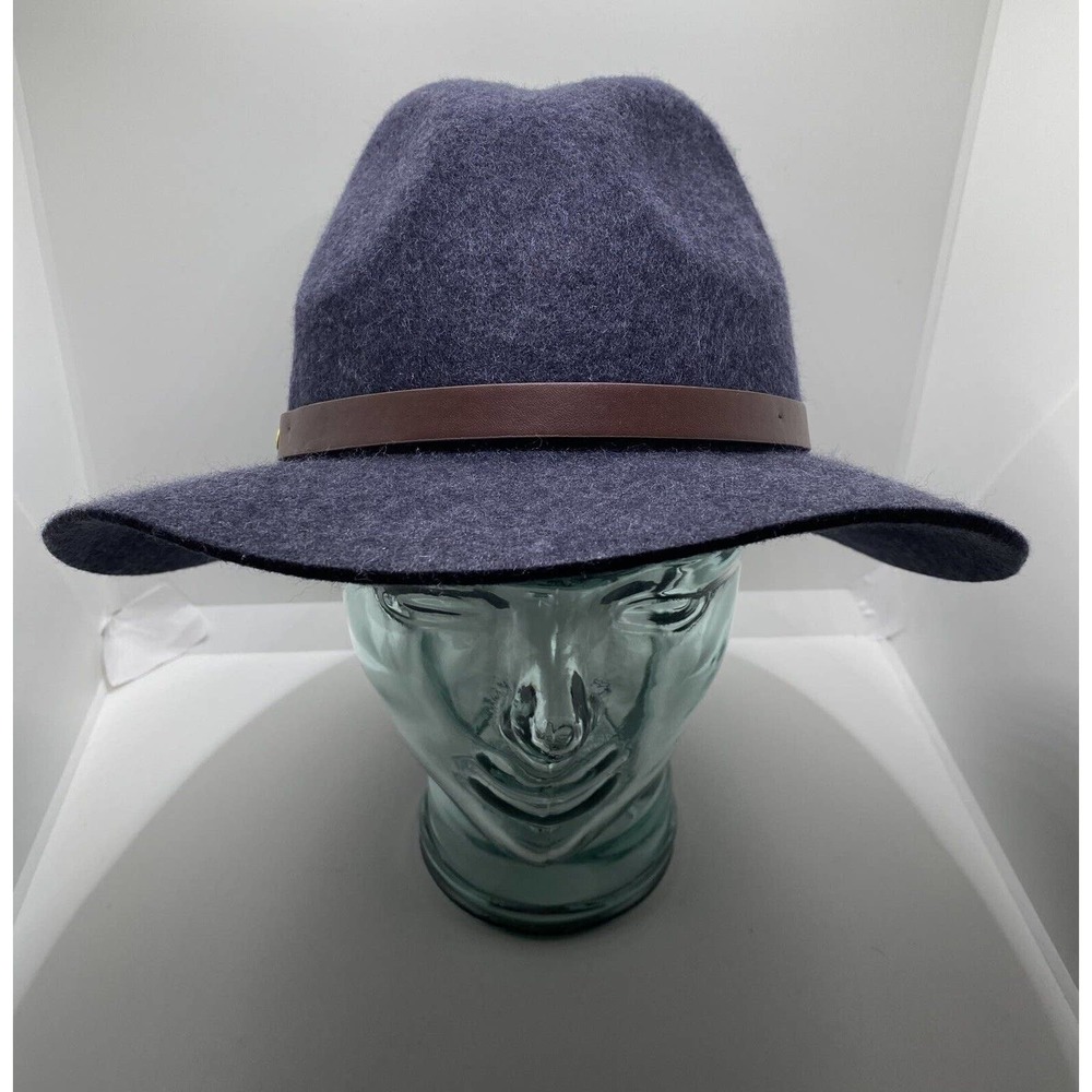 Gap Blue 100% Wool With Brown Faux Leather Trim Fedora Hat Size M/L (56-57cm)